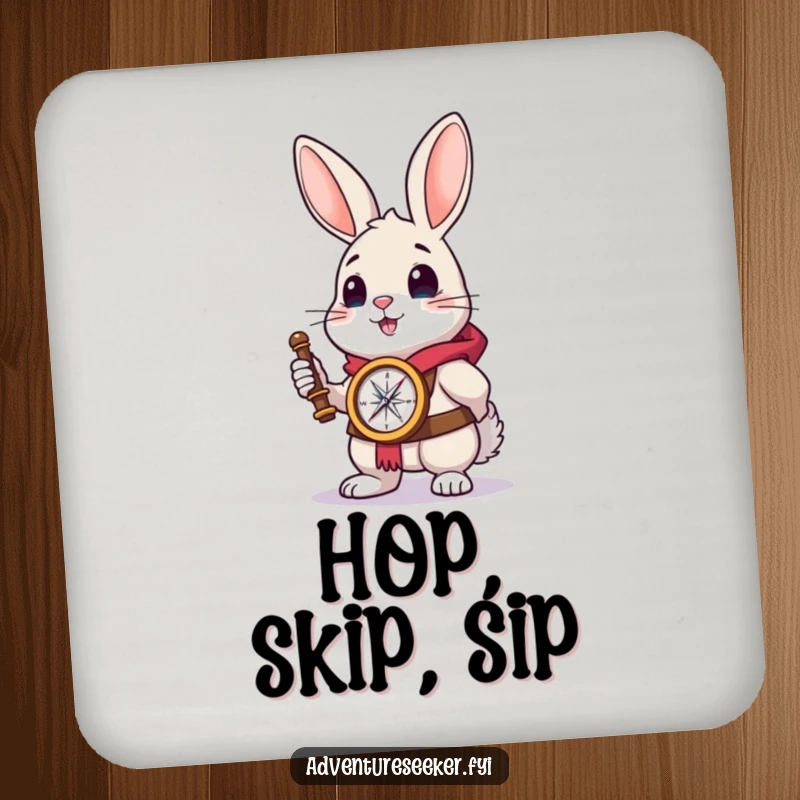 Funny rabbit explorer coasters featuring a brave rabbit holding a compass, adding a touch of adventure to tables.