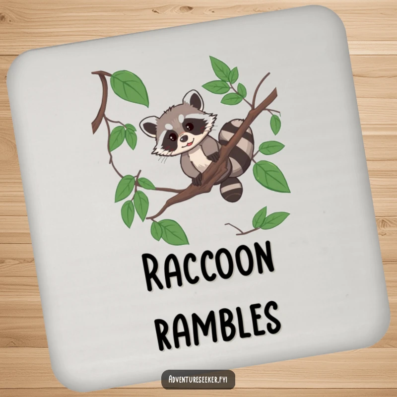 Funny raccoon acrobat coasters featuring a resourceful raccoon navigating a jungle vine, adding flair to tables.