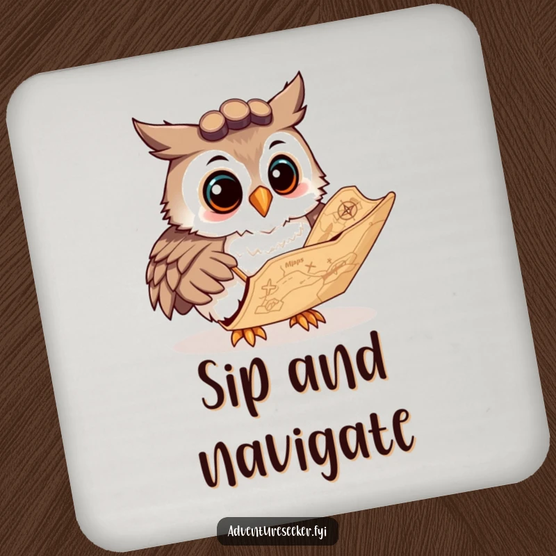 Funny drink coaster featuring a curious owl navigator character studying a map, protecting surfaces with wisdom and humor.