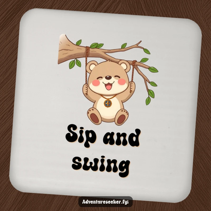 Funny Bear Cub Compass Coasters. A bear cub swinging from a branch with a compass adorns these coasters, bringing adventure home.