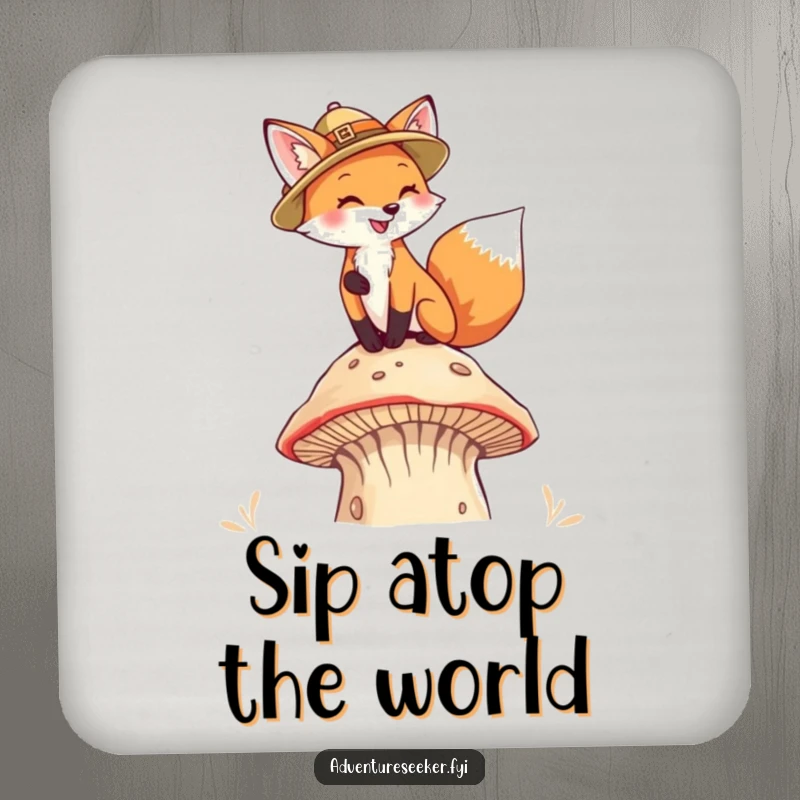 Funny Fox Pith Helmet Coasters. A fox climbing a mushroom adorns these coasters, bringing fantasy to your surfaces.