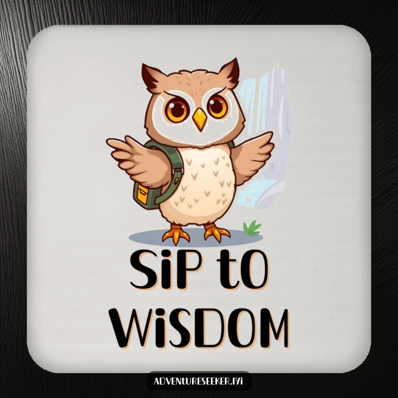 Funny owl explorer coaster, depicting a brave owl with a backpack pointing towards a distant, shimmering waterfall.