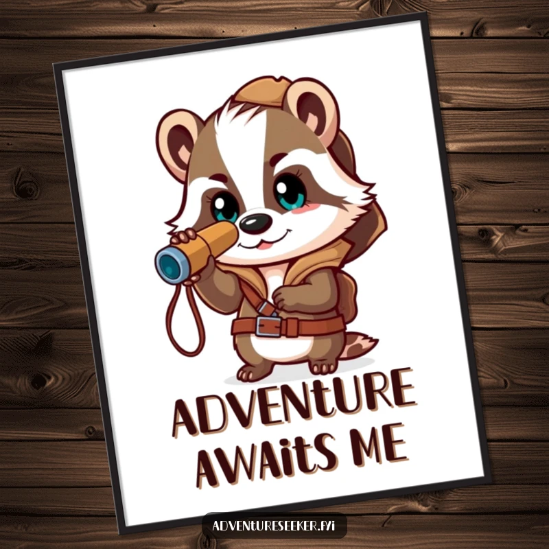 Funny poster print of a brave badger explorer peering through a spyglass with excitement, perfect for adventure-themed room decor.