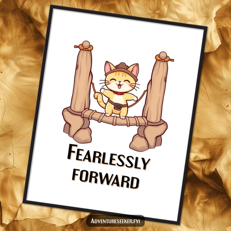 Funny adventurous cat character depicted crossing a rope bridge on a poster, conveying bravery. A cool funny gift.