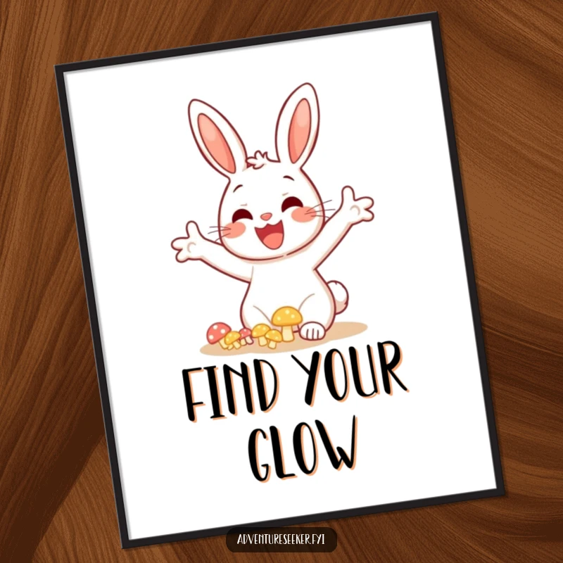 Funny bunny mushroom poster art, featuring a joyful bunny with arms outstretched discovering luminous, glowing mushrooms.