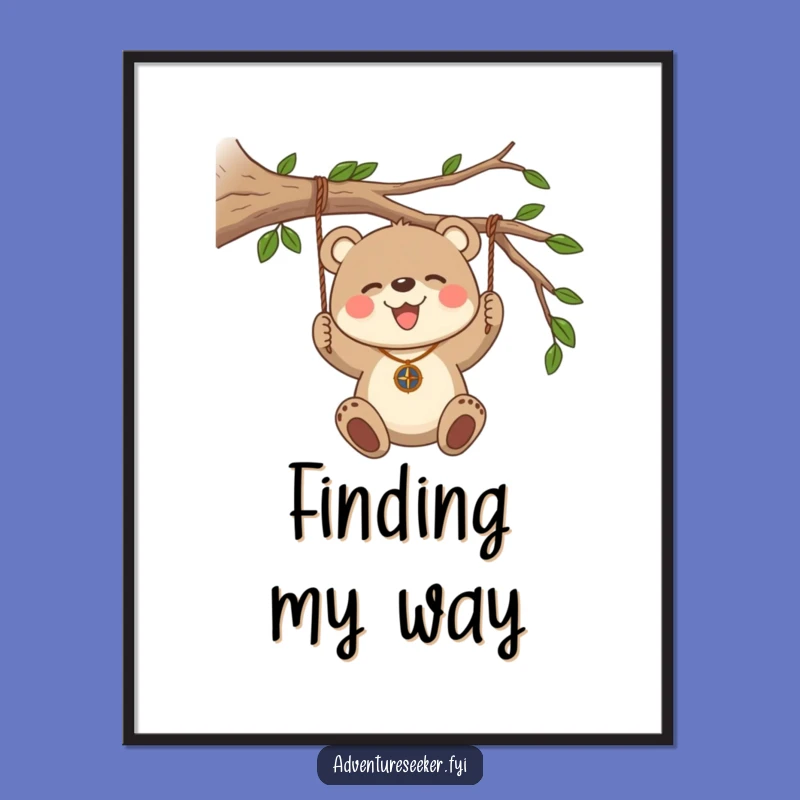 Funny Bear Cub Compass Poster, Joyful Adventure Art, Unique Funny Gift