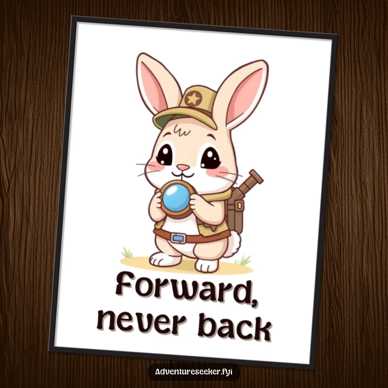 Funny Rabbit Scout Poster: Curious rabbit holding a mini compass, looking ahead eagerly, adding a touch of charm and humor to any wall space.