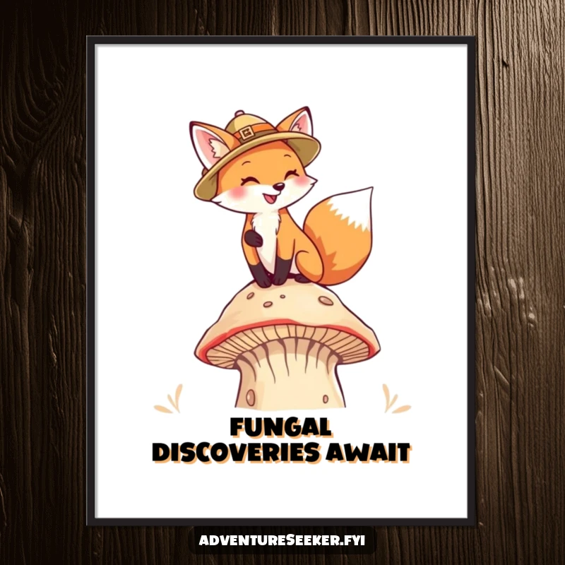 Funny Fox Pith Helmet Poster. A playful fox in a pith helmet climbs a towering mushroom, showcasing fantasy woodland art.