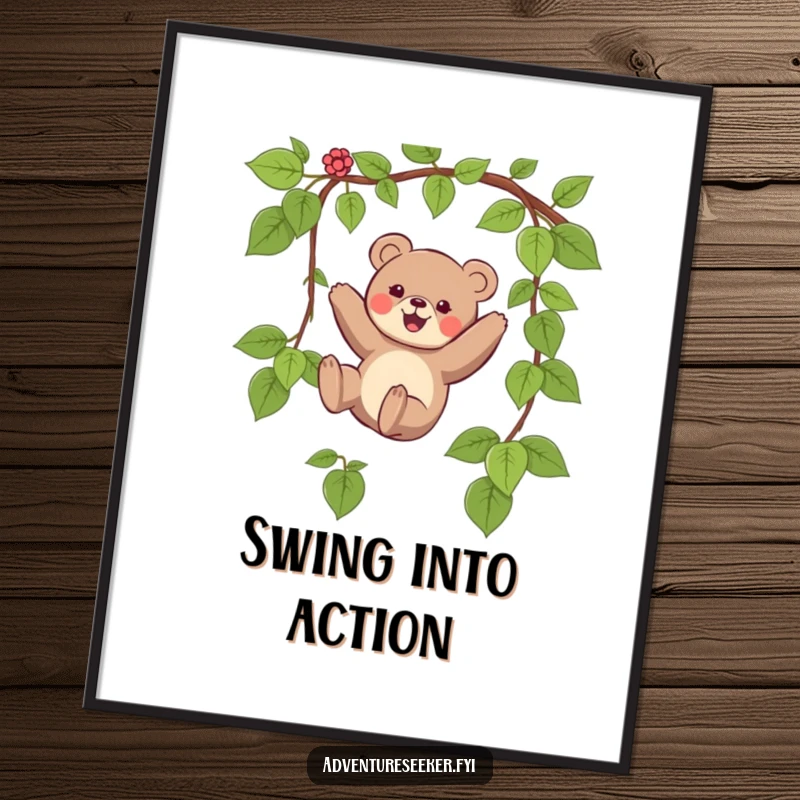 Funny poster art showing a small bear character joyfully swinging on a vine, creating a lively and cheerful atmosphere.