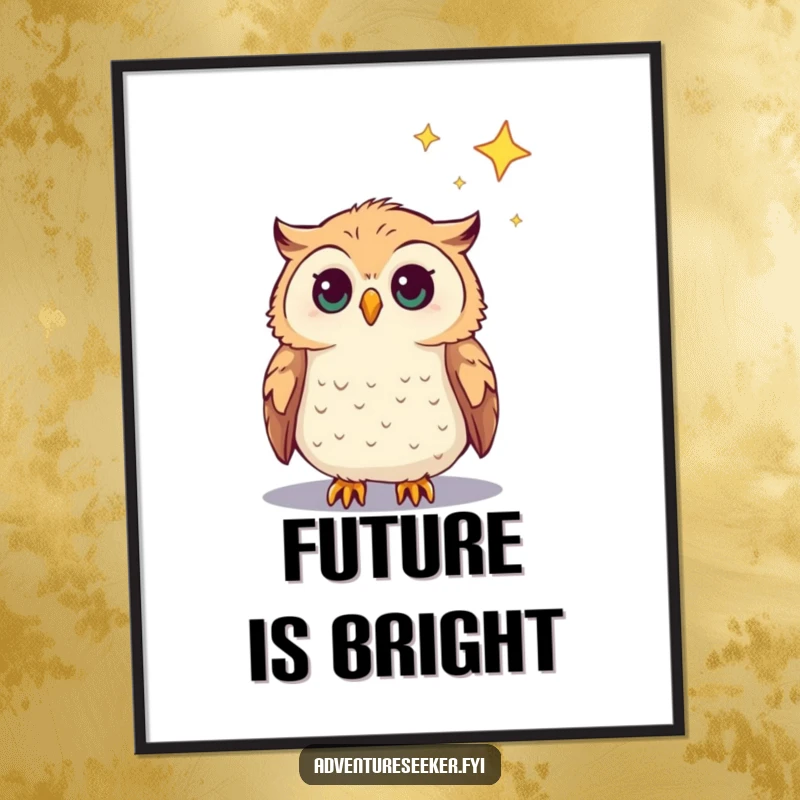 Funny Owl Poster print of a curious owl character gazing at a distant star, ideal humorous wall art gift.