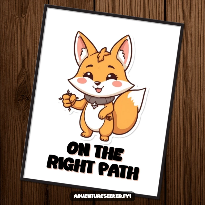Funny Fox Poster: Smiling character with a compass, pointing forward with unwavering determination, a funny piece of art.