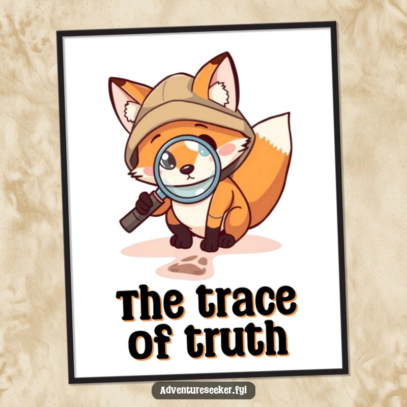 Funny Fox Explorer Poster: Brave fox with magnifying glass inspecting a tiny footprint, adding a touch of humor and intrigue to any room's decor.