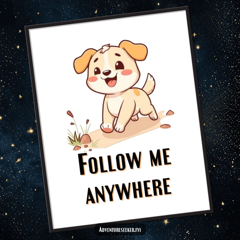 Funny happy dog poster featuring an enthusiastic character following a trail, adding canine joy and humor to decor.