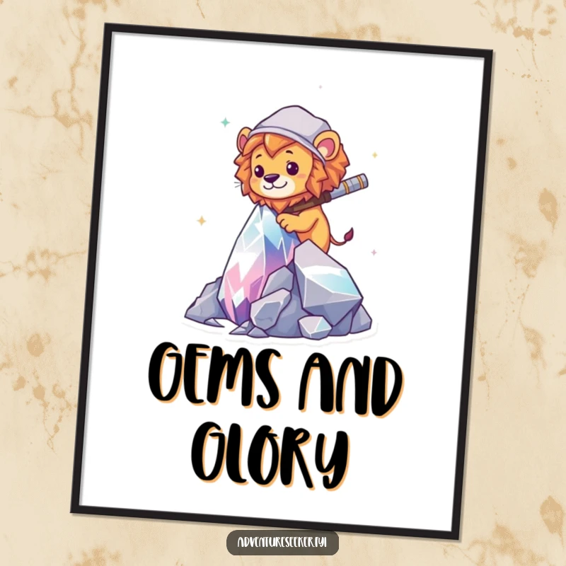 Funny Lion Explorer Poster: A majestic lion artistically climbing a vibrant crystal, conveying ambition and humor.