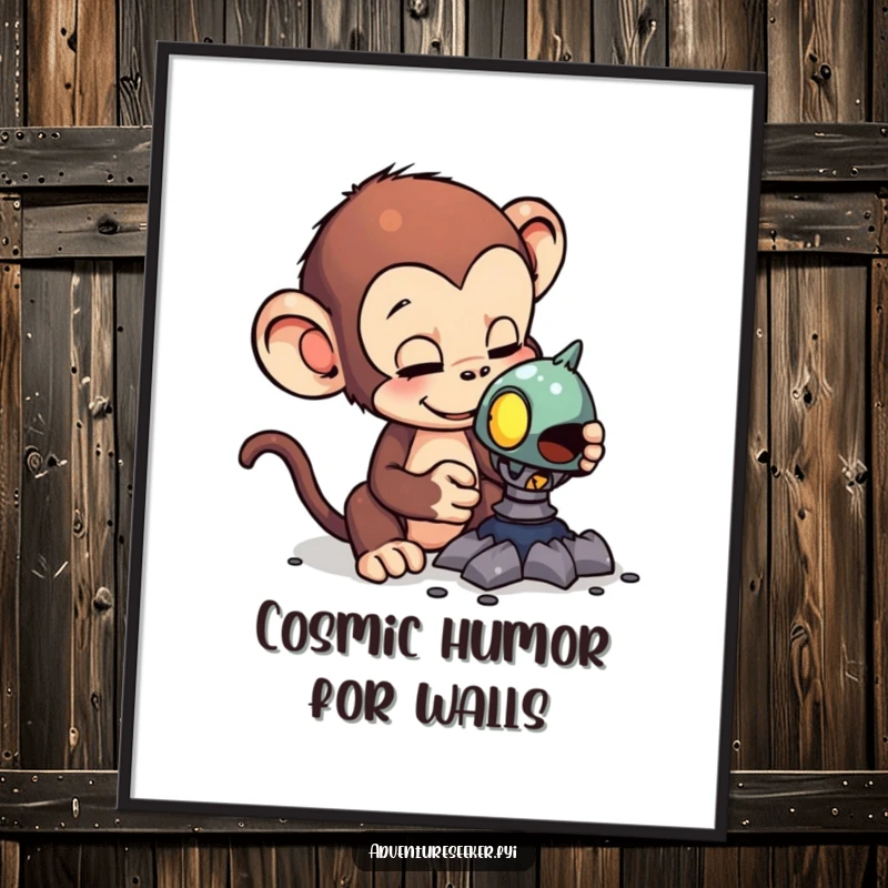 Funny poster showing a curious monkey examining a strange, glowing alien artifact, evoking a sense of humorous extraterrestrial exploration.