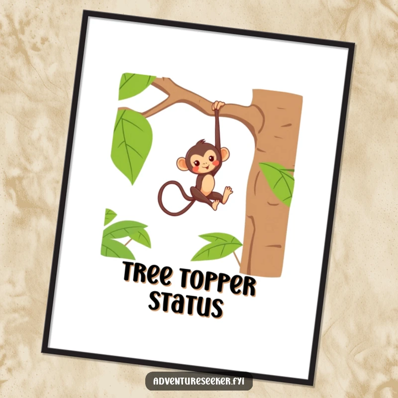 Funny poster of a mischievous monkey character playfully hanging from a thick jungle tree branch, radiating cheeky fun.