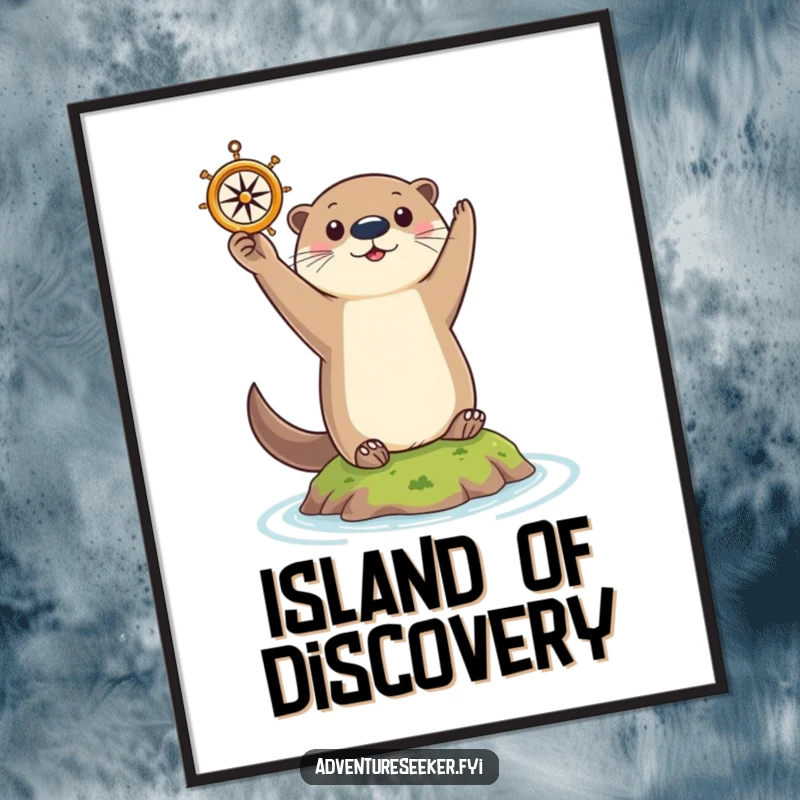 Funny Otter Poster: Curious otter triumphantly holding a tiny compass aloft on a small island, guiding the way.