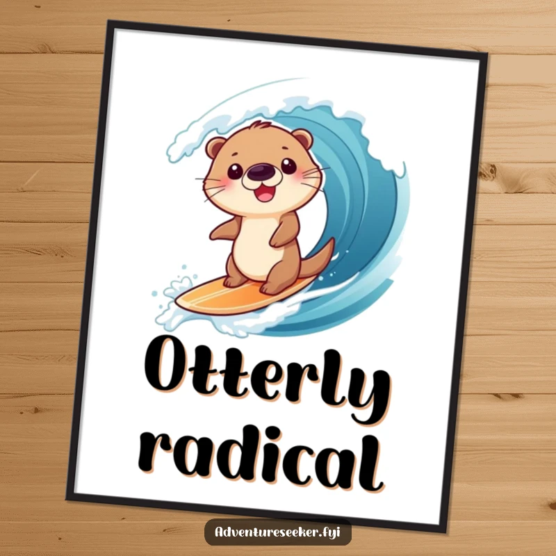 Funny poster art of a giggling otter character riding a huge ocean wave on a small board, capturing the thrill of surfing with humor.