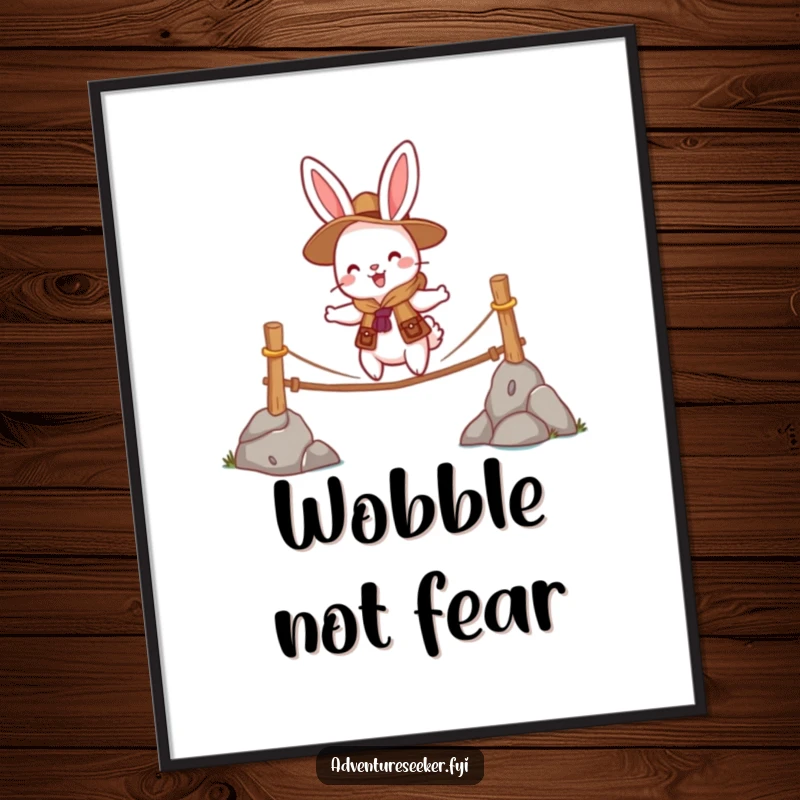 Funny poster showing a cheerful rabbit scout character bravely crossing a wobbly rope bridge, embodying resilience and adventure.