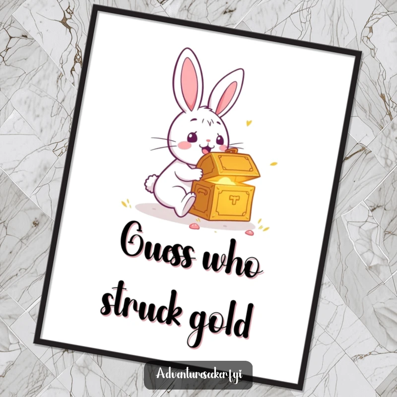 Funny poster showing a surprised rabbit encountering a brightly glowing treasure chest, evoking a sense of wonder and humorous fortune.