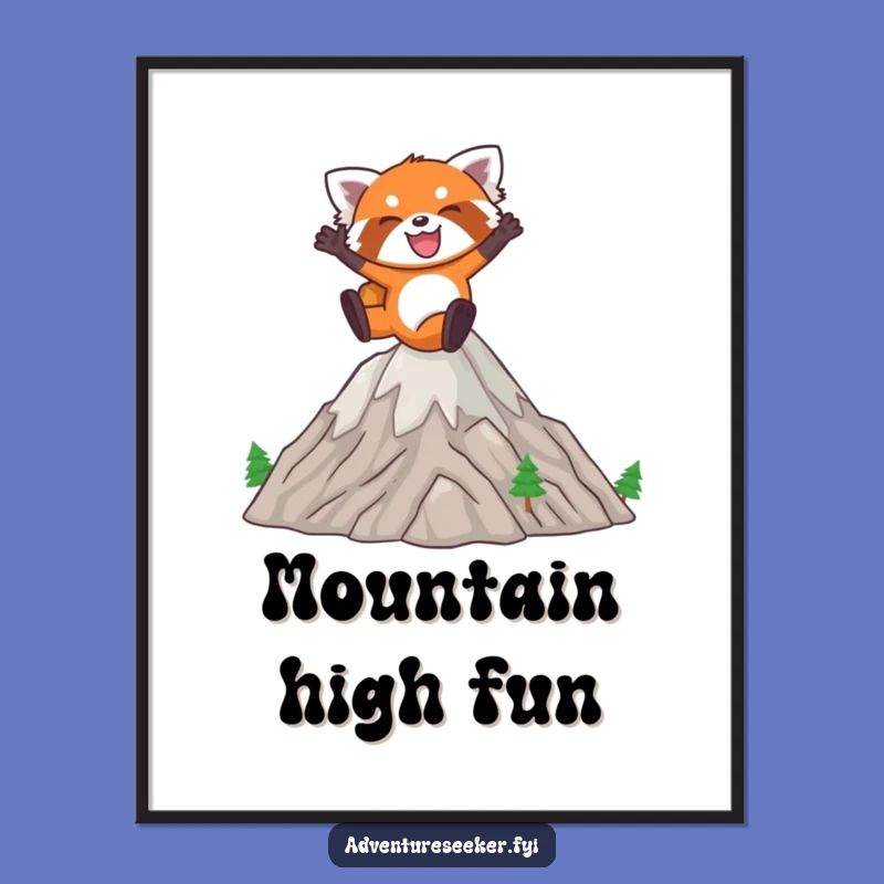 Funny Red Panda Leap Poster: Joyful Animal Jumping Mountains, Humorous Wall Art Gift