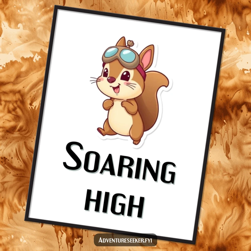 Funny squirrel aviator poster depicting a cheerful squirrel in a tiny hat, taking flight against a sky backdrop.