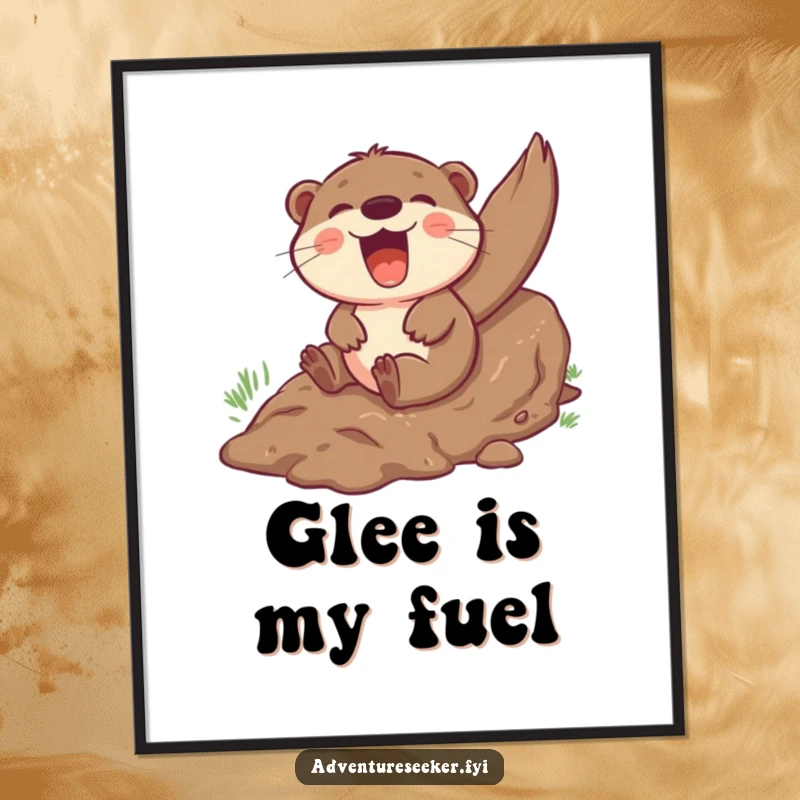 Funny otter poster depicting a giggling character sliding with pure glee down a muddy hill, embodying contagious fun.