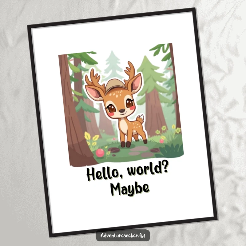 Funny poster print of a shy deer scout cautiously emerging from a dense forest, exuding quiet curiosity and gentle exploration.