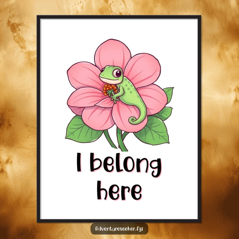 Funny poster art of a playful chameleon expertly camouflaged on an oversized, brilliantly colored flower, a whimsical and eye-catching piece.