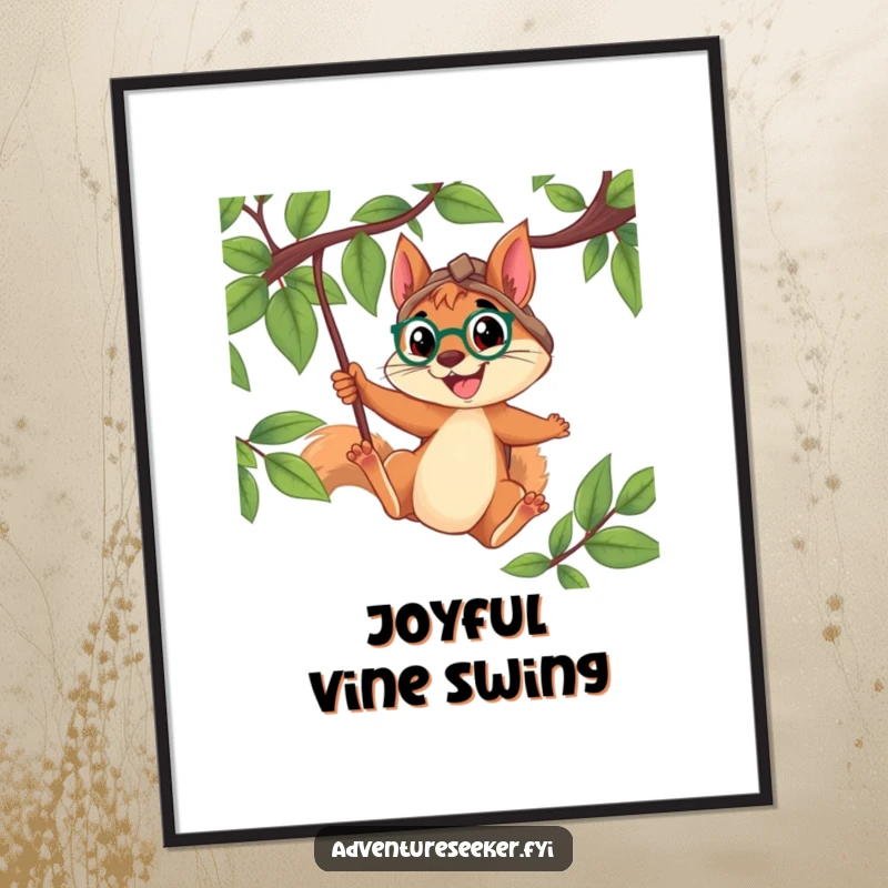 Funny Squirrel Explorer Poster: Determined squirrel swinging from a vine with a wide smile, adding a touch of humor and vibrant energy to any wall space.