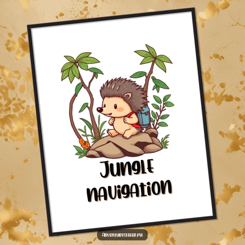 Funny Hedgehog Poster: Brave hedgehog fearlessly navigating a miniature jungle with a backpack, detailed jungle scene.