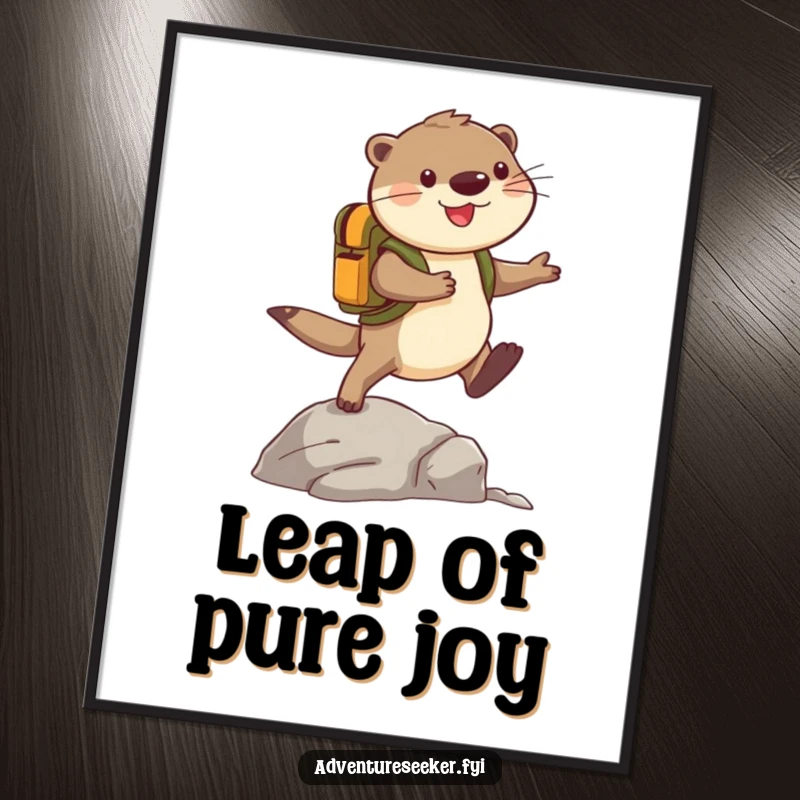 Funny Otter Poster: Cheerful adventurer otter with backpack leaping over a rock, adding a splash of humor and adventure to any wall space.