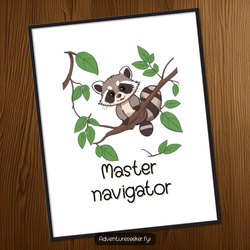 Funny raccoon acrobat poster depicting a resourceful raccoon expertly swinging on a jungle vine.