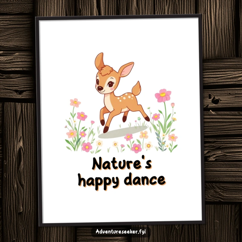 Funny deer poster depicting a playful character mid-leap, joyfully bounding through a lush field abundant with colorful, blooming flowers.