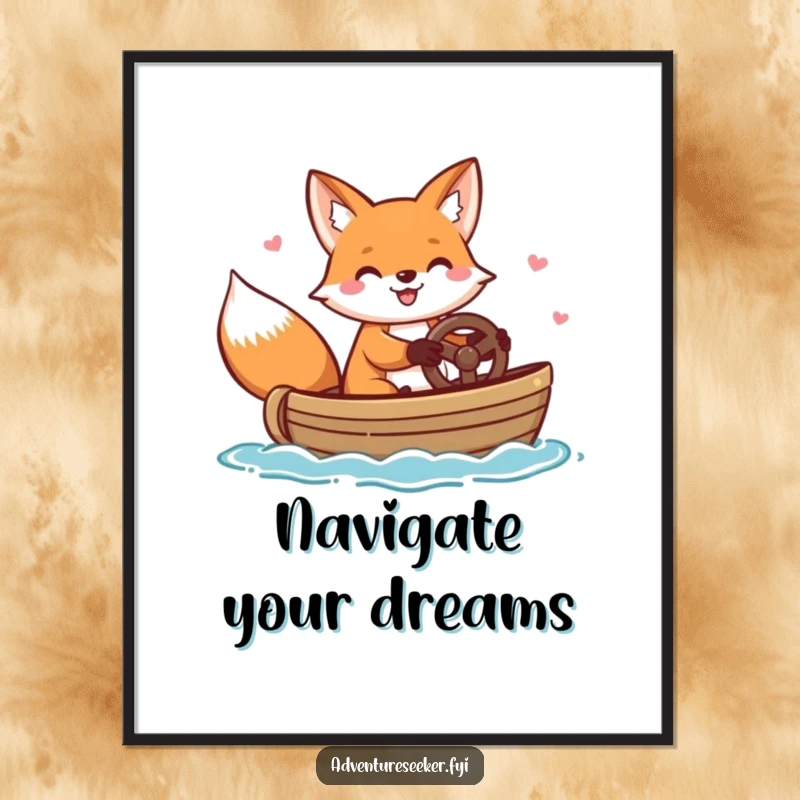 Funny poster art of a cheerful fox character happily steering a small boat, creating a playful and nautical atmosphere.