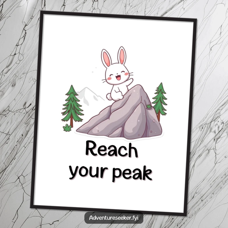 Funny poster art of a giggling rabbit character excitedly climbing a mountain, creating an inspiring and playful atmosphere.