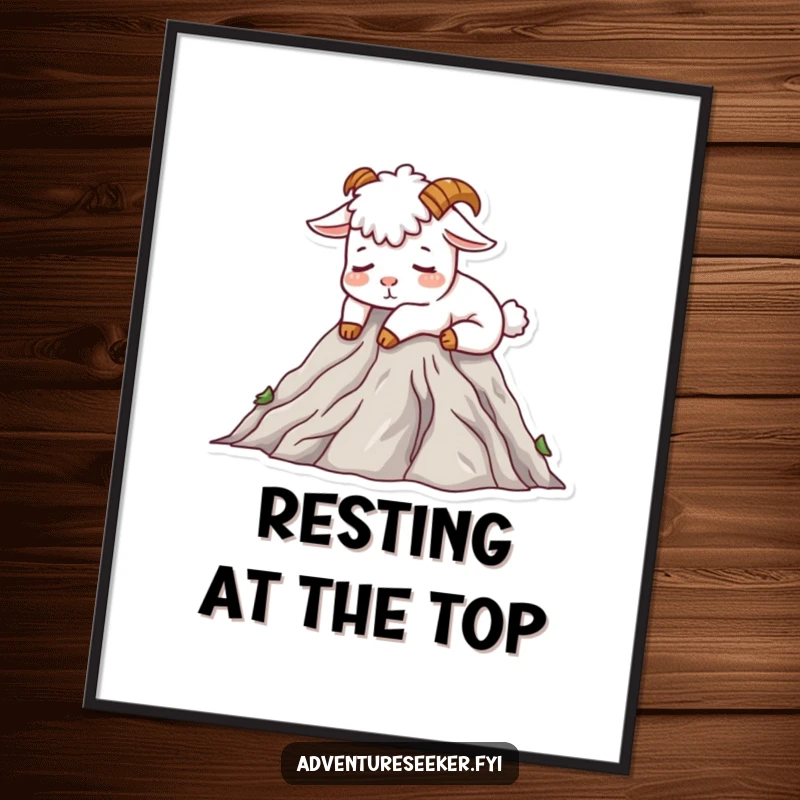 Funny Mountain Goat Poster print of a contented goat character napping on a mountain peak, ideal humorous wall art gift.