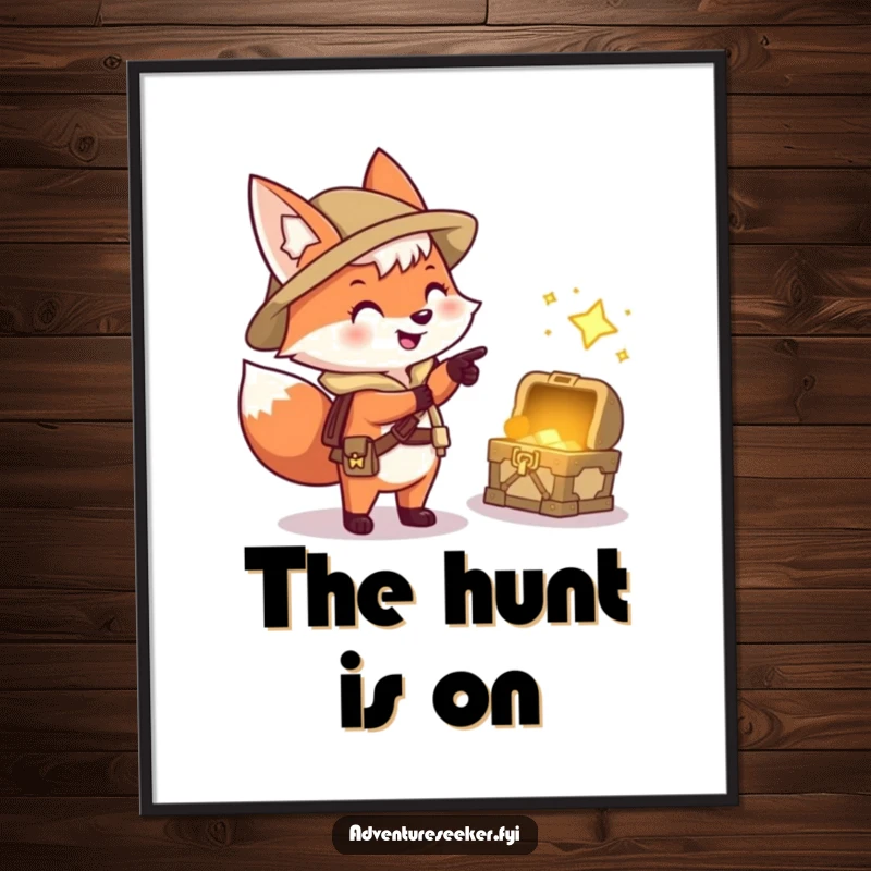 Funny poster depicting a happy fox explorer character pointing excitedly at a sparkling treasure chest, illustrating the joy of discovery.