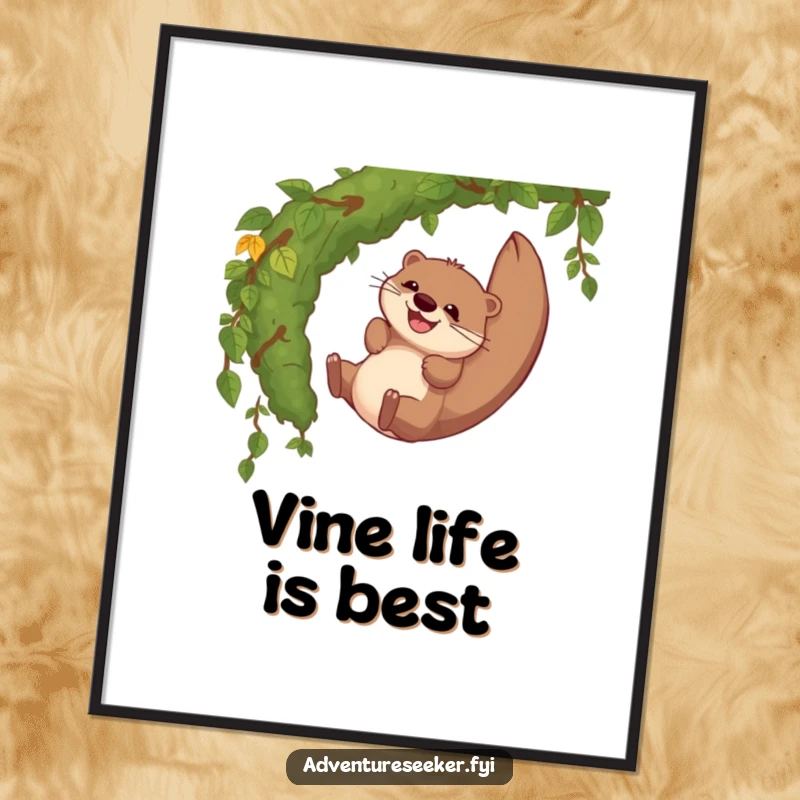 Funny poster capturing a giggling otter character's thrilling slide down a mossy jungle vine, radiating pure amusement and adventure.