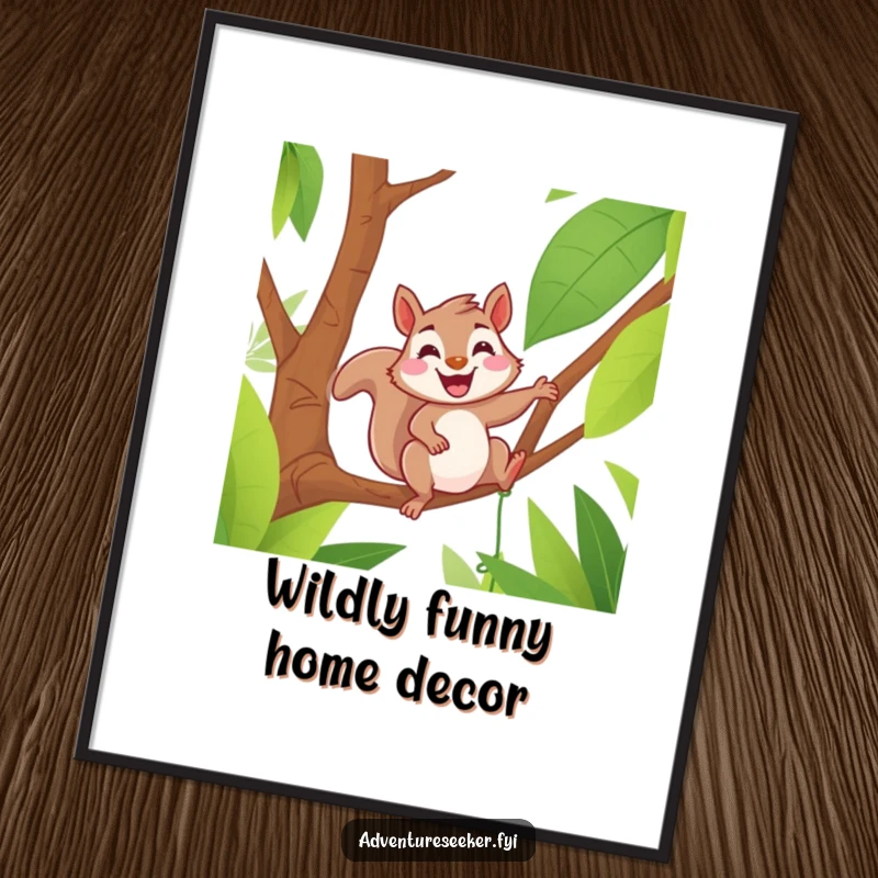Funny poster showing a delighted squirrel with a grin, swinging on a jungle vine, bringing a sense of playful energy and whimsy.