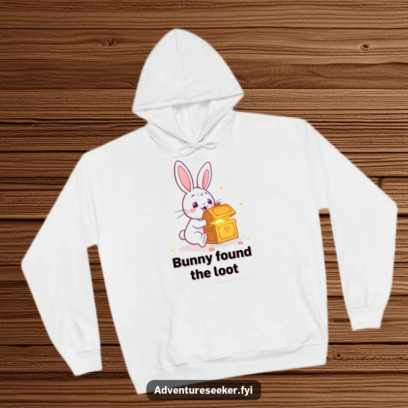 Funny hoodie with a surprised rabbit gazing at a glowing treasure chest, offering comfort and a humorous element of surprise.