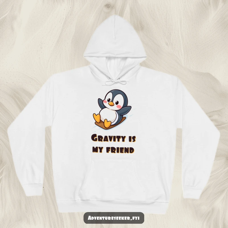 Funny wobbly penguin in a hoodie, enjoying a slippery slide down an icy hill with enthusiasm. A warm funny gift.