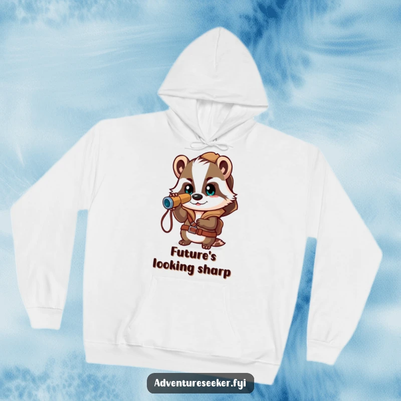 Funny hoodie showcasing a determined badger explorer with a spyglass, embodying bravery and excitement for exploration, ideal for adventurous souls.