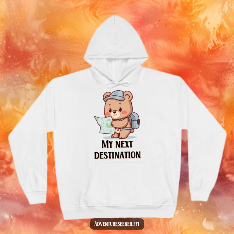 Funny Bear Hoodie: Cute character with backpack, consulting a map with eager eyes, a funny take on exploration.