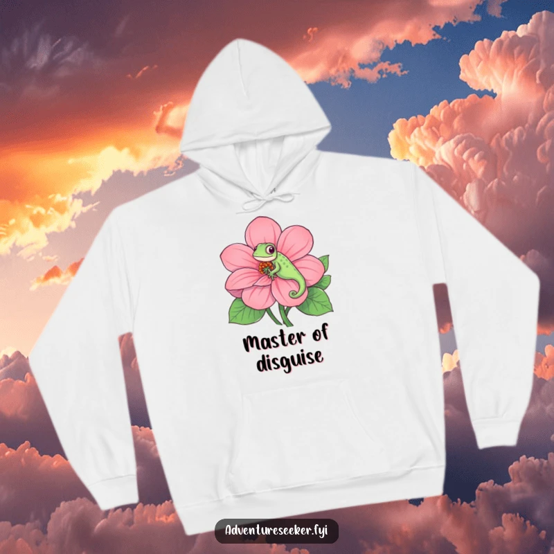 Funny hoodie showcasing a playful chameleon expertly camouflaged on a large, psychedelic flower, blending comfort with artistic charm, a gift.