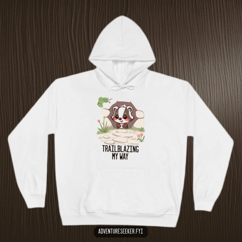Funny Happy Badger Hoodie depicting a joyful badger character finding a hidden path, perfect cozy and humorous gift.