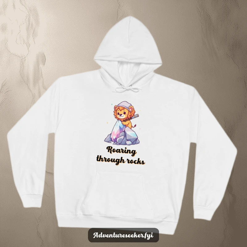 Funny Lion Explorer Hoodie: A determined lion scaling a shiny crystal, depicting adventure and playful spirit.