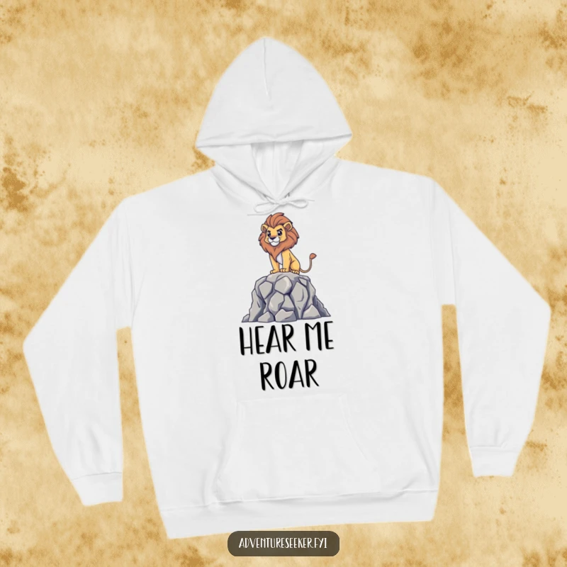 Funny hoodie featuring a brave lion surveying from a rocky vantage point, offering warmth, comfort, and a touch of regal humor, a gift.