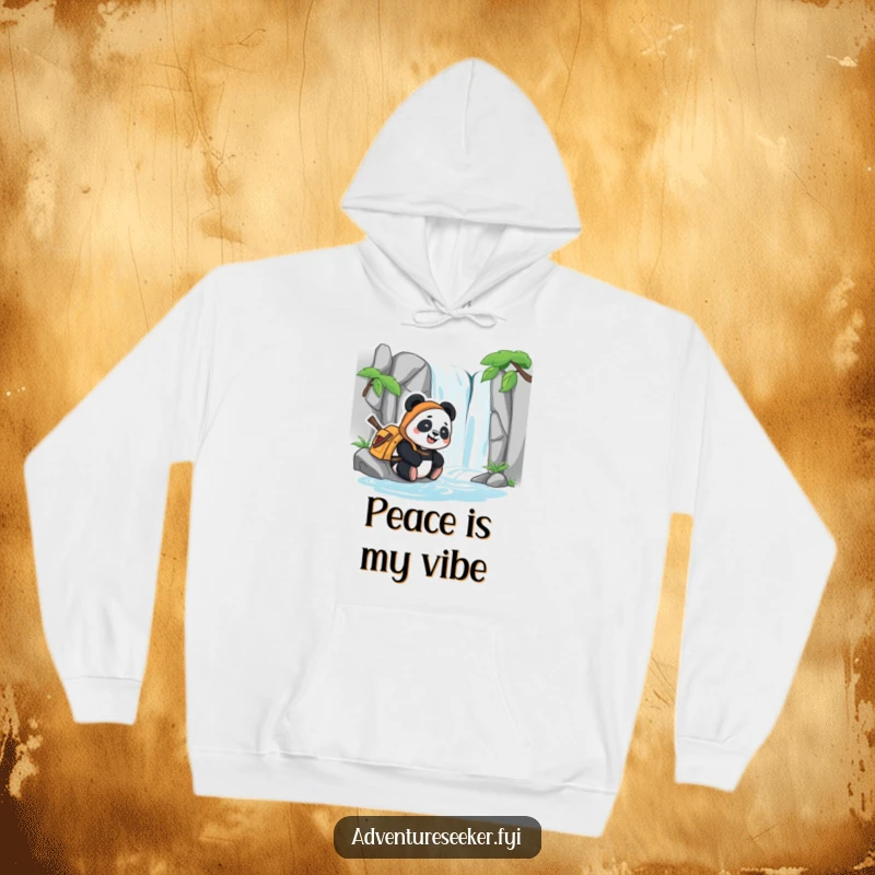 Funny hoodie with a content panda adventurer resting peacefully beside a stylized waterfall, offering cozy comfort and happy vibes.
