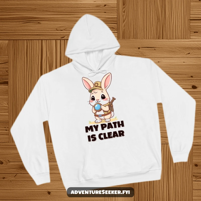 Funny Rabbit Scout Hoodie: Curious rabbit with a mini compass looking ahead, offering warmth and a humorous touch for adventure lovers.